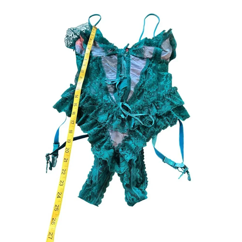 Frederick's of Hollywood Crotchless Lace Slit Bust Teddy Garters Sz L Lingerie - Picture 9 of 12